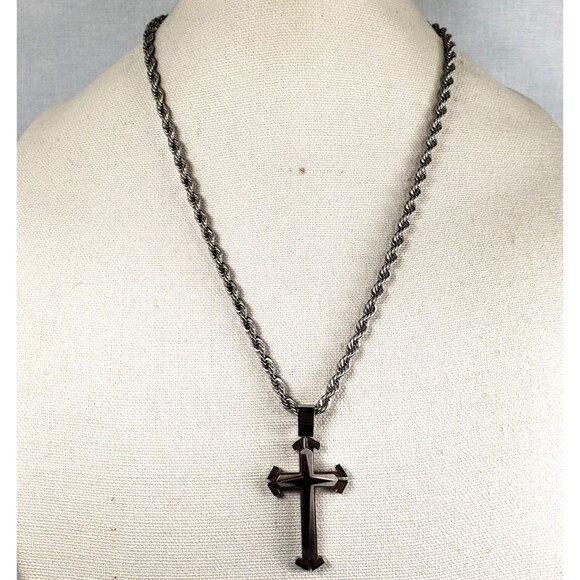 Vintage Stainless Steel 3D Cross Pendant Thick 23" Rope Necklace - Picture 4 of 16